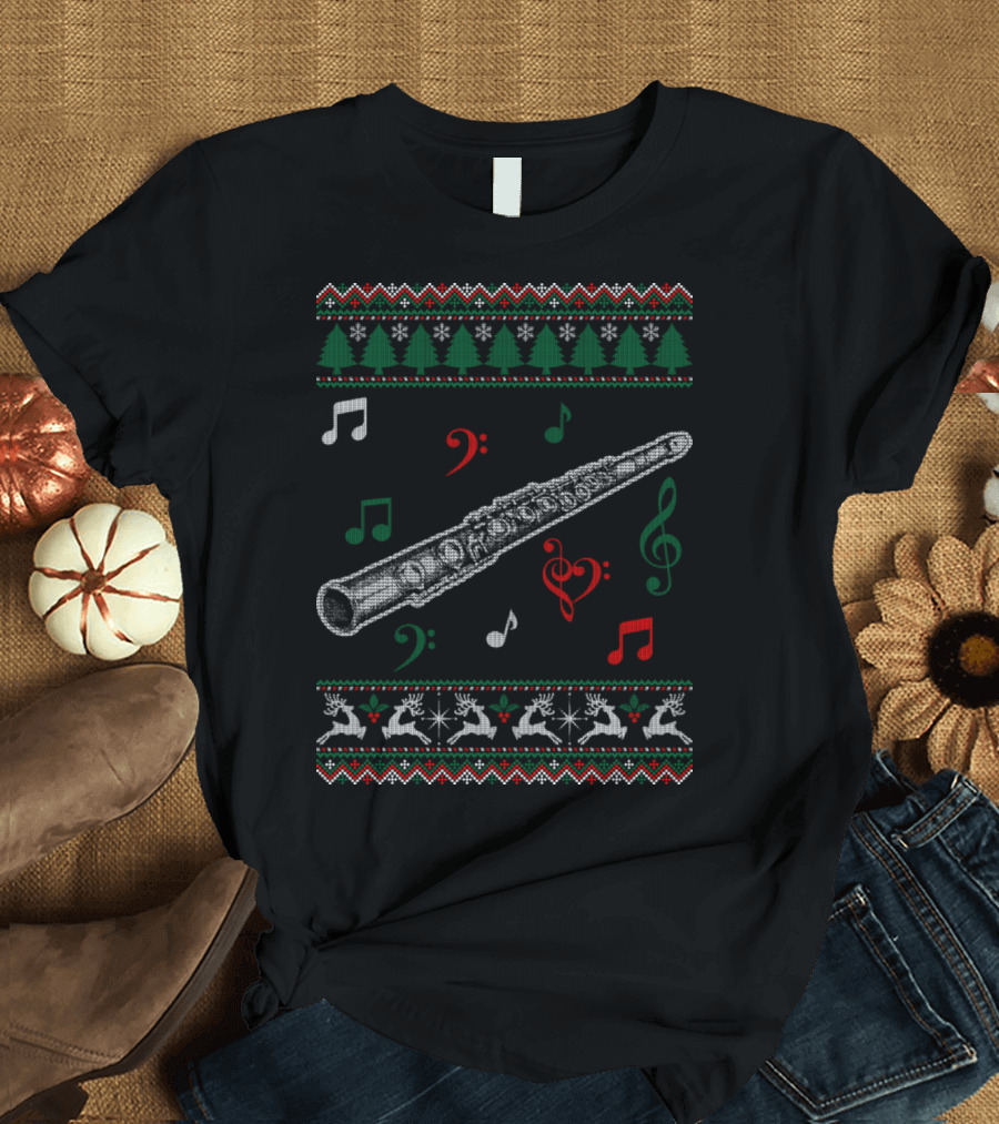 Flute Christmas Tree Musical Notes Reindeer T-Shirt