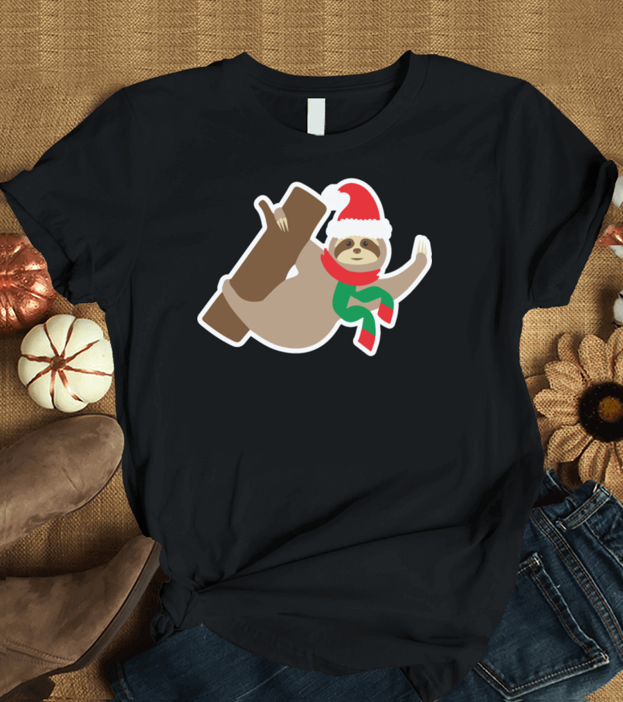Funny Christmas Sloth Santa Hat Scarf Tree T-Shirt