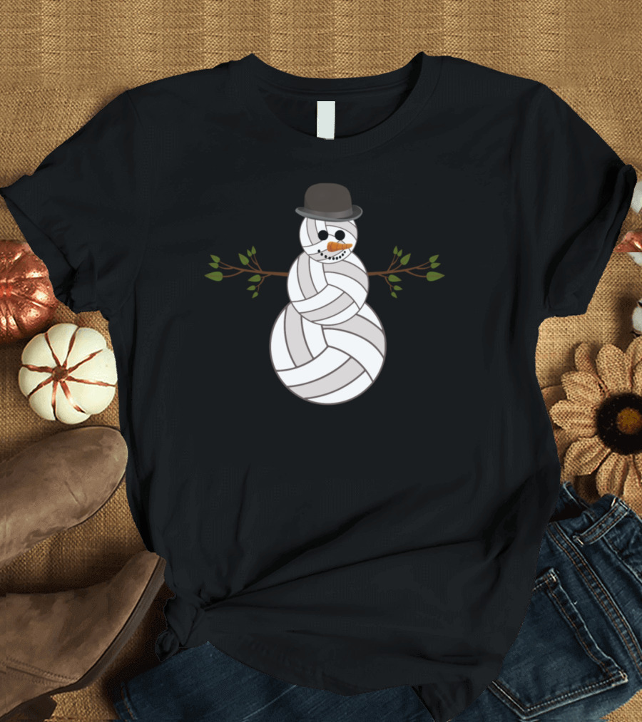 Funny Christmas Volleyball Snowman with Hat and Branch Arms T-Shirt