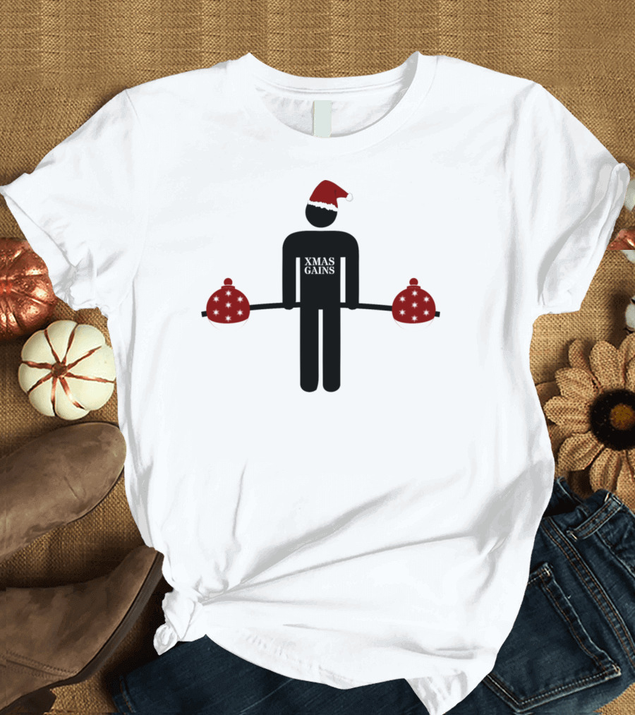 Xmas Gains Funny Christmas Weightlifting Santa Hat T-Shirt