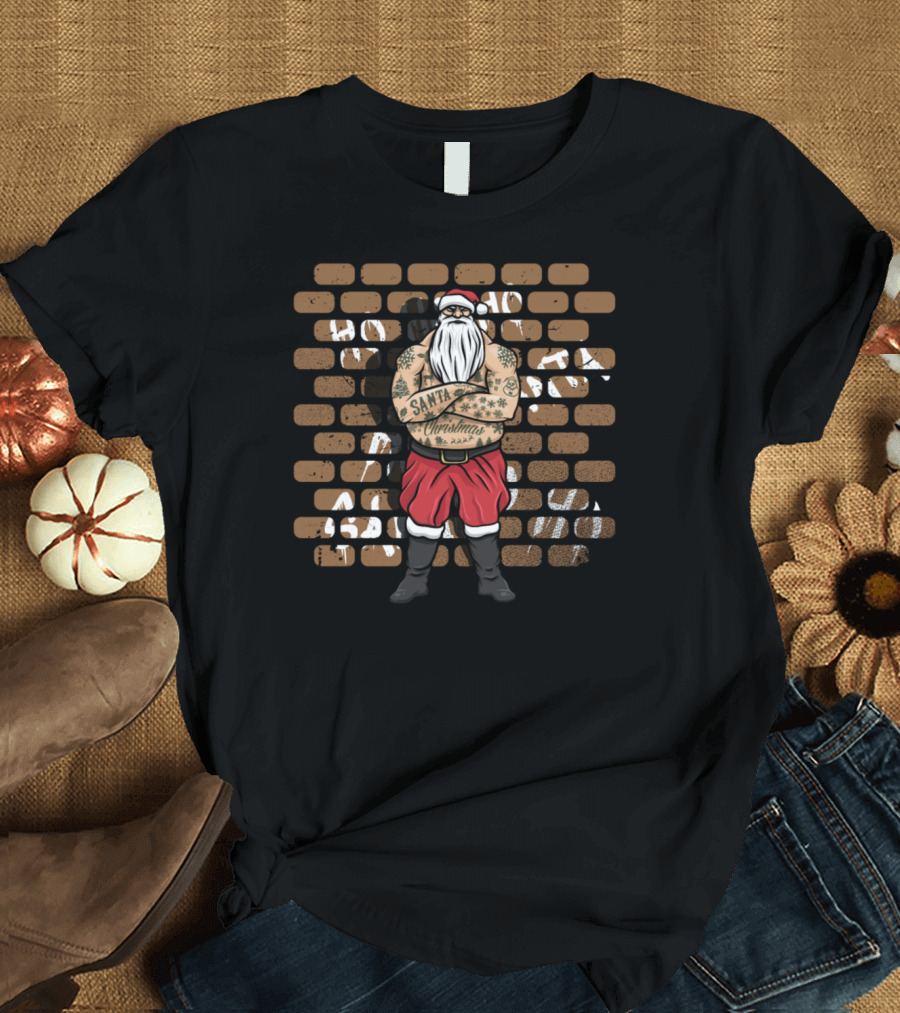 Gangsta Santa Graffiti Christmas Tattoos Brick Wall T-Shirt