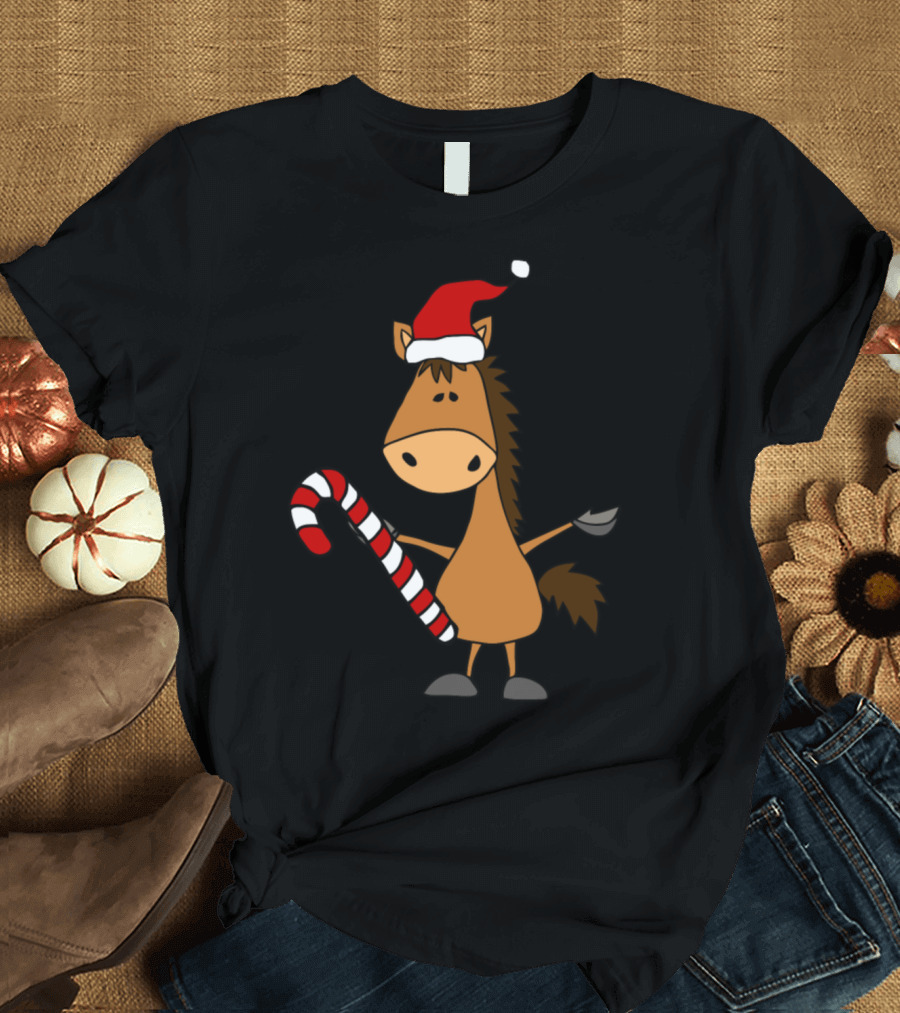 Funny Horse in Santa Hat with Candy Cane T-Shirt
