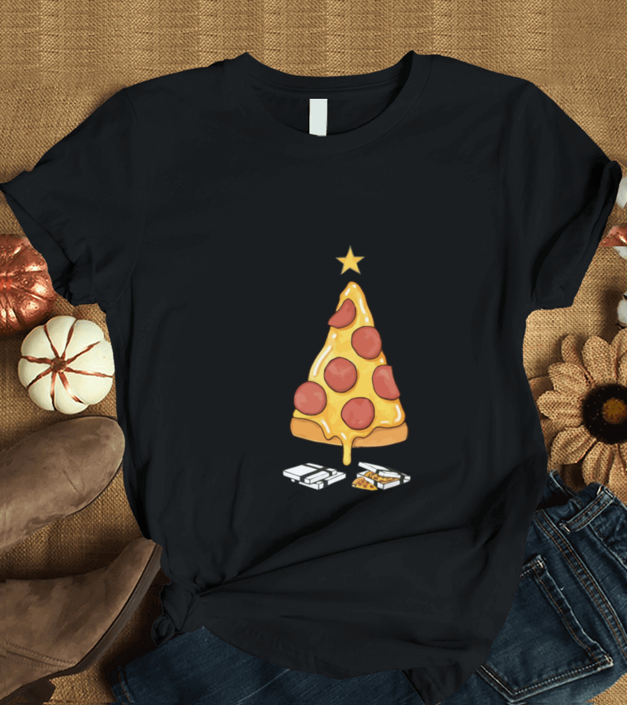 Funny Merry Christmas Pizza Tree with Pepperoni and Presents T-Shirt