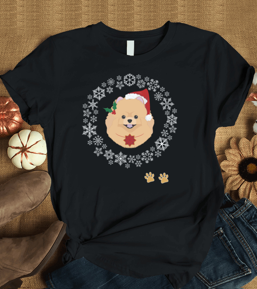 Funny Pomeranian Dog Pet Christmas Hat Snowflakes Paws T-Shirt