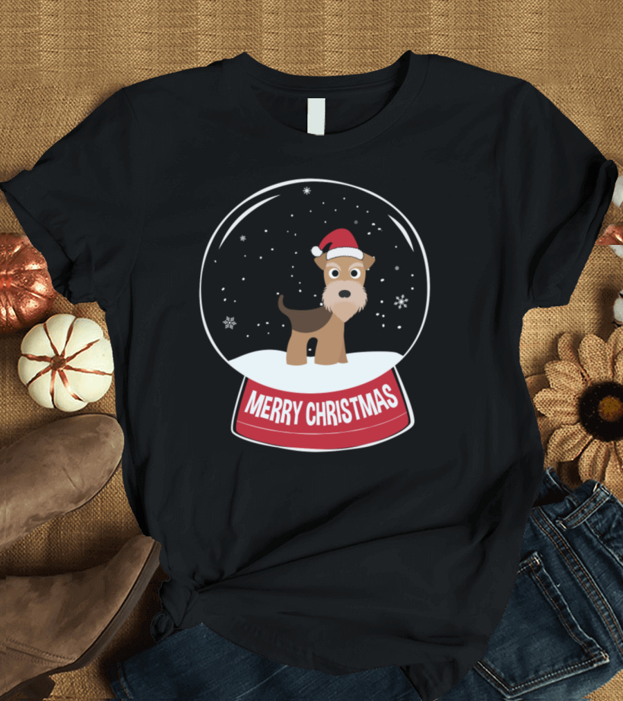 Airedale Merry Christmas Snow Globe Santa Hat T-Shirt