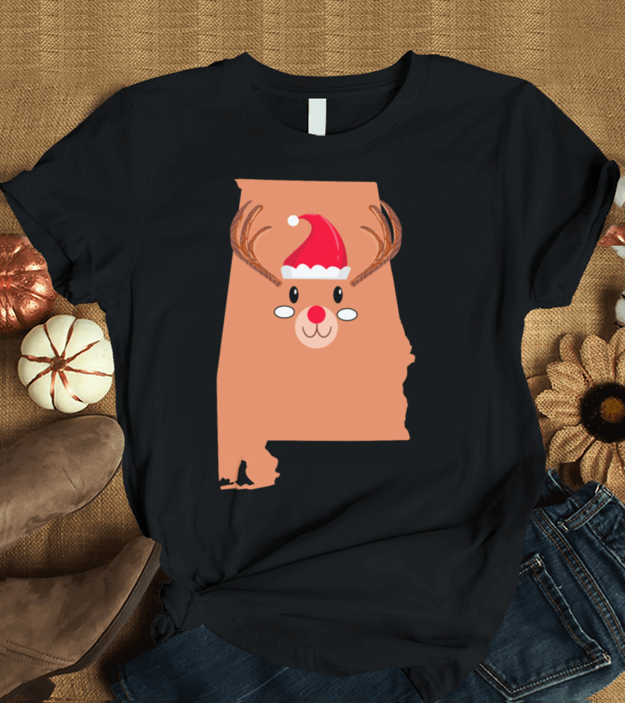 Alabama Map Santa Hat Antlers Red Nose Reindeer Christmas T-Shirt