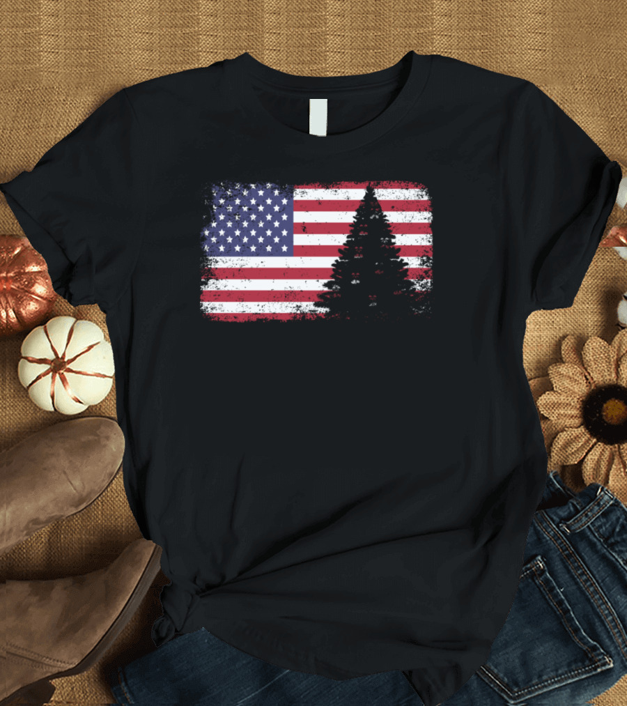 American Flag Distressed Christmas Tree T-Shirt