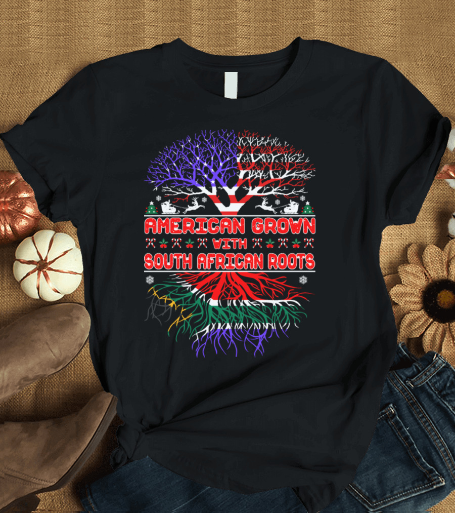 American Grown With South African Roots Tree Christmas Colors T-Shirt