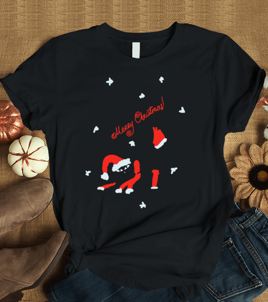 Merry Christmas Cat in Santa Outfit with Snowflakes T-Shirt