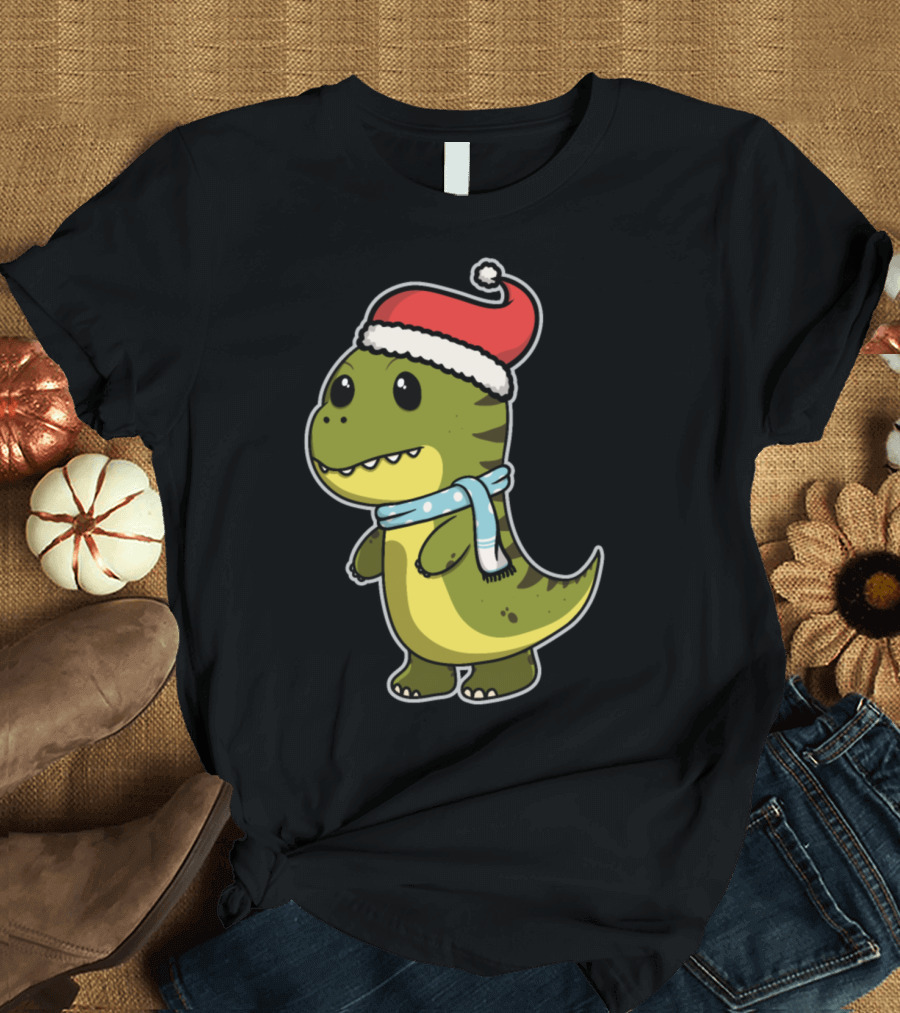 Cute Dinosaur Christmas with Santa Hat and Winter Scarf T-Shirt