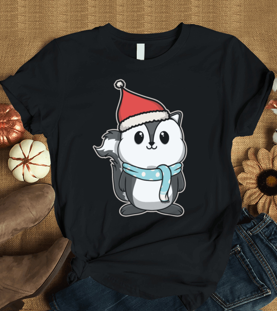 Animal Kid Skunk Christmas Winter Santa Hat Scarf T-Shirt