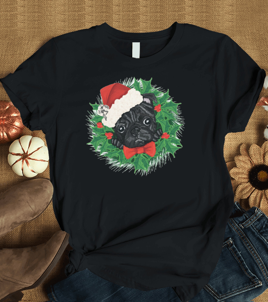Awesome Pug Christmas Wreath with Santa Hat and Bow T-Shirt