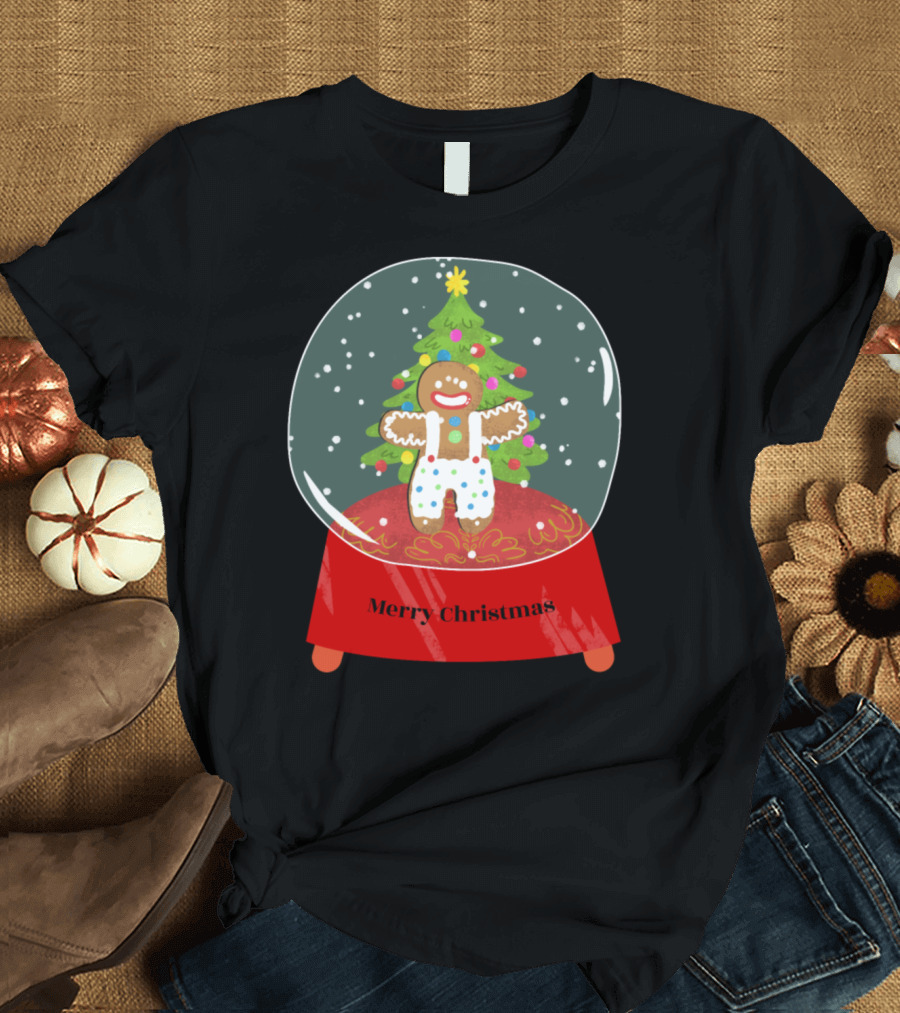 Merry Christmas Gingerbread Snow Globe with Festive Tree T-Shirt