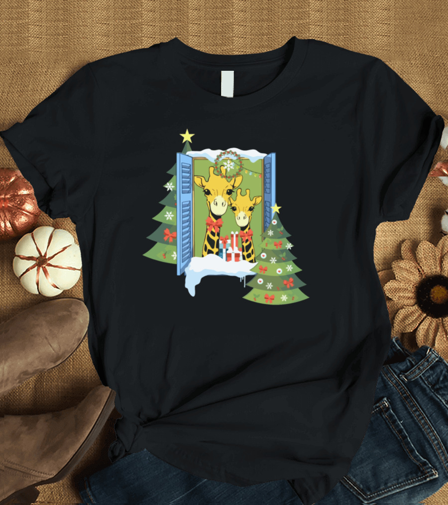 Giraffes Christmas Window with Star and Holiday Trees T-Shirt