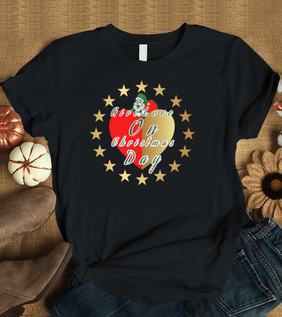 Give Love On Christmas Day Santa Heart and Stars T-Shirt