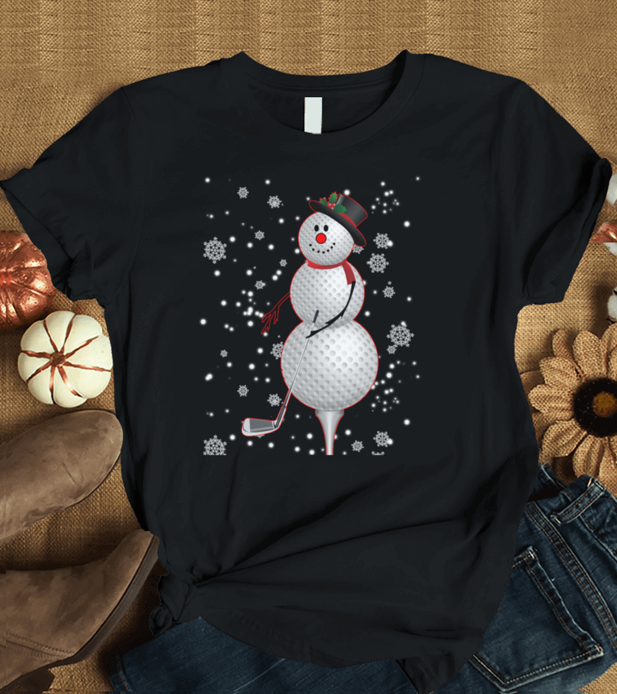 Golf Ball Snowman with Hat and Scarf in Snowflakes T-Shirt
