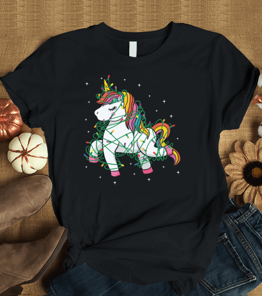 Christmas Tree Unicorn Wrapped in Colorful String Lights T-Shirt
