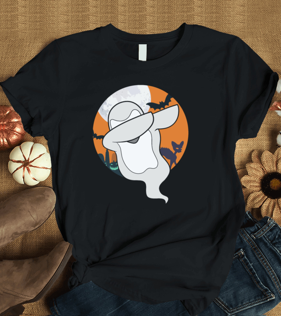 Dabbing Halloween Ghost with Full Moon and Bats T-Shirt