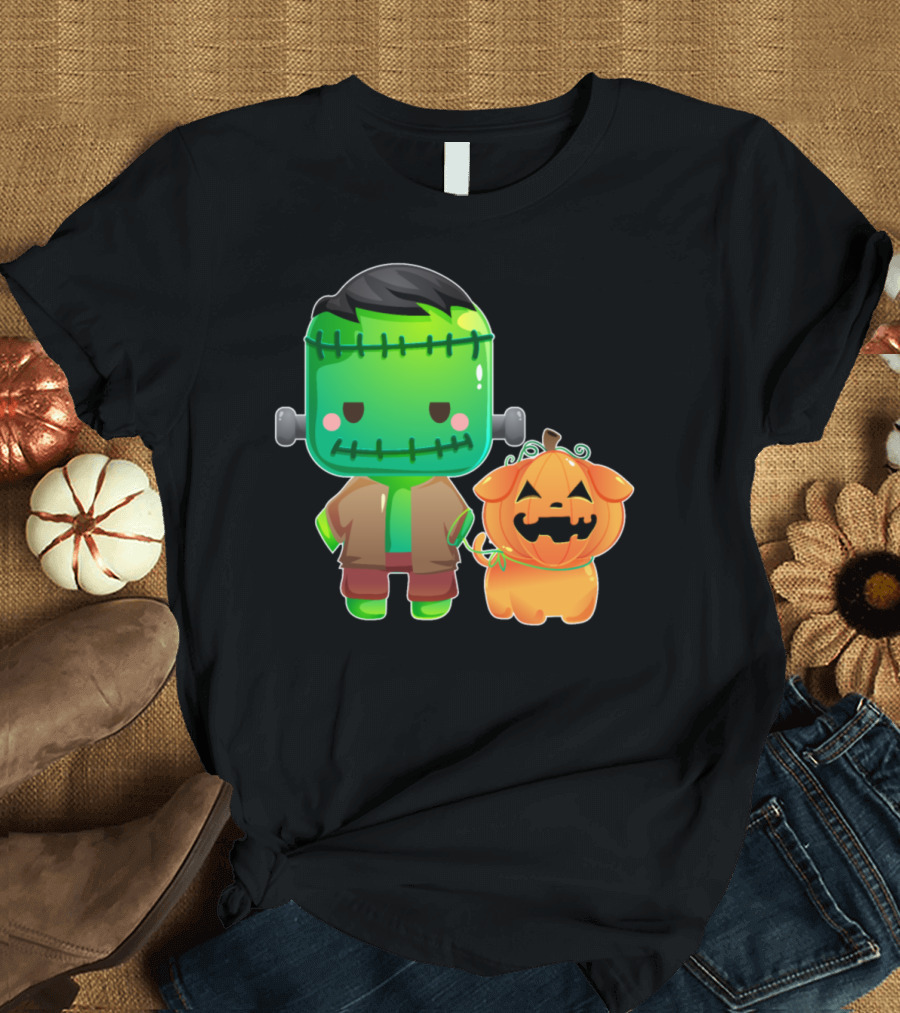 Frankenstein and Halloween Pumpkin Dog Duo T-Shirt