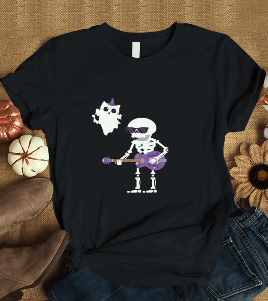 Guitarist Skeleton with Purple Guitar and Cat Ghost with Hat T-Shirt