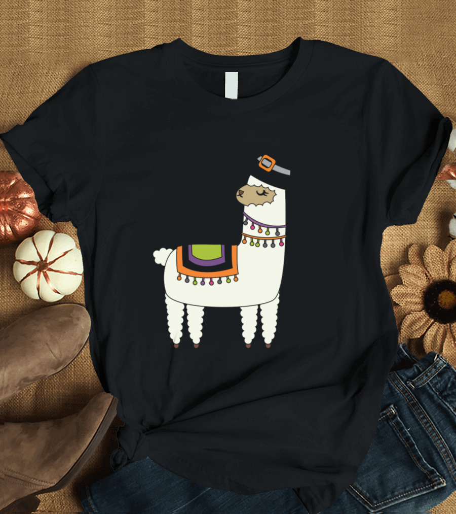 Halloween Llama in Witch Hat with Colorful Blanket and String Lights T-Shirt