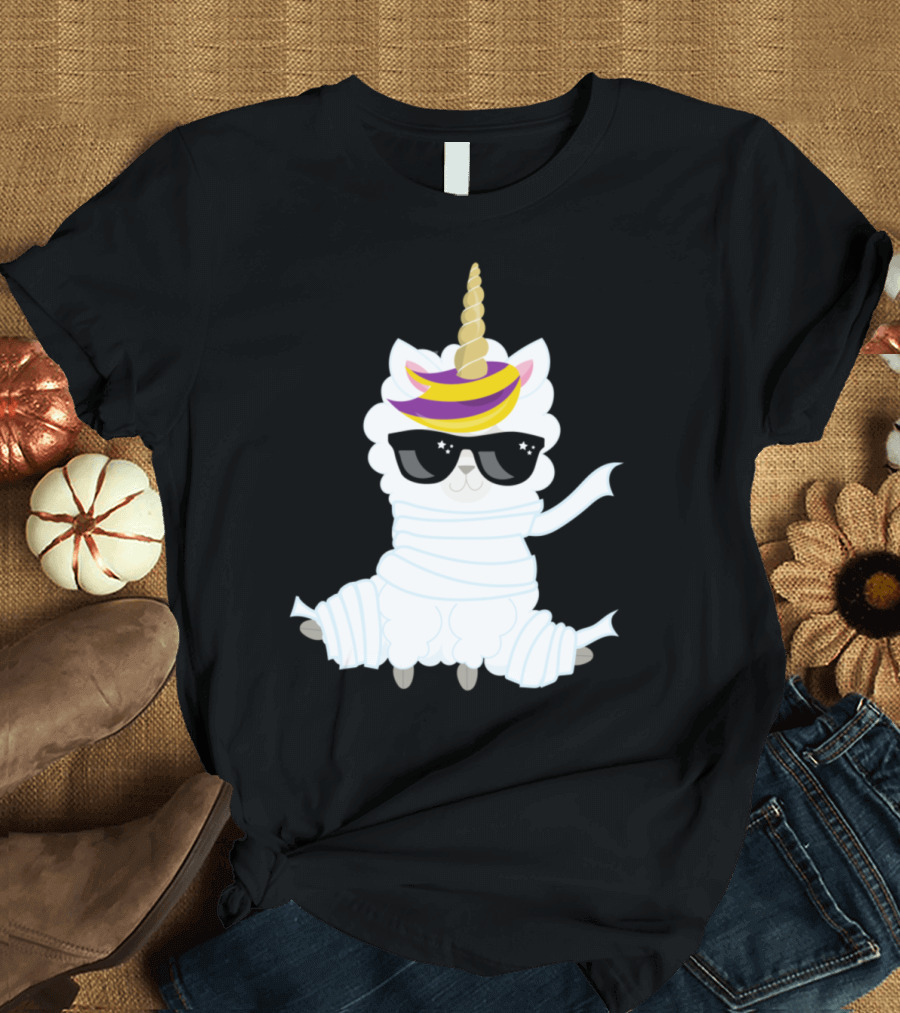 Halloween Mummy Unicorn Sheep with Sunglasses T-Shirt