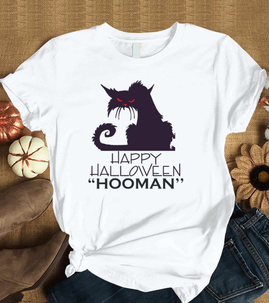 HAPPY HALLOWEEN Hooman Creepy Cat with Red Eyes T-Shirt