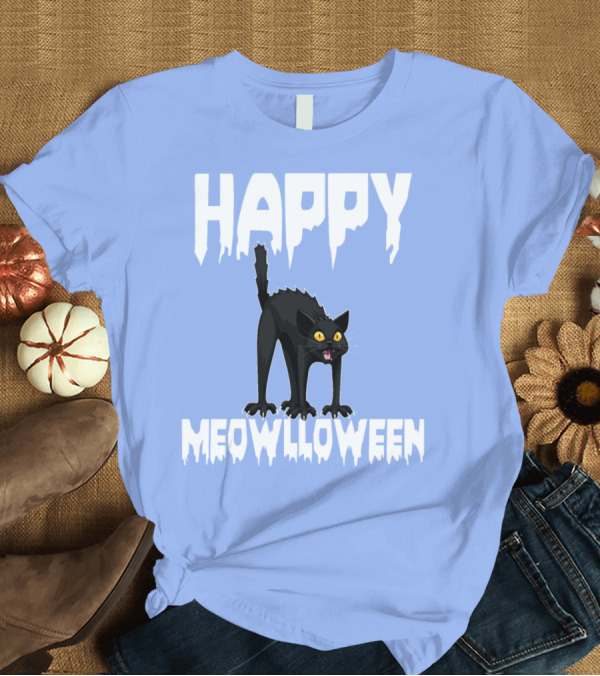 T-Shirt: Happy Meowlloween Funny Halloween Horror Scary Black Cat T-Shirt Happy Meowlloween Funny Halloween Horror Scary Black Cat T-Shirt