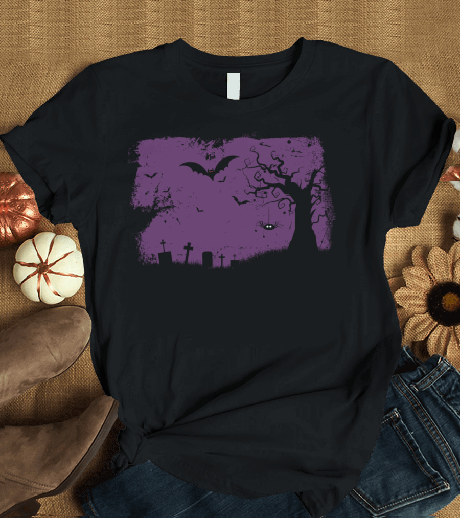 Helloween Spooky Spider and Bat Graveyard Scene T-Shirt