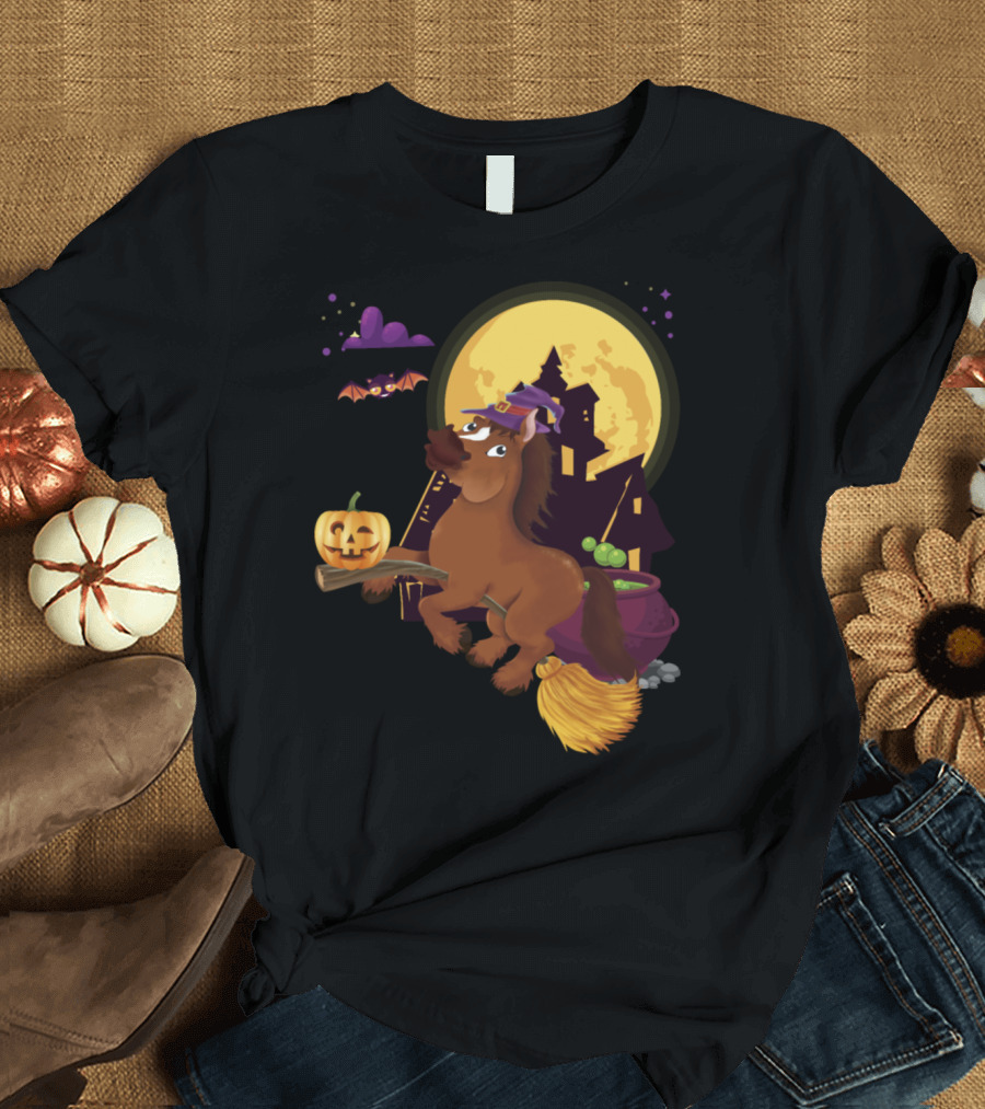 Arabian Horse Witch with Pumpkin and Broomstick in Halloween Scene T-Shirt