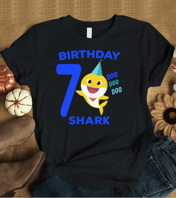T-Shirt: Birthday 7 Shark Doo Doo Doo Song Party Hat T-Shirt Birthday 7 Shark Doo Doo Doo Song Party Hat T-Shirt