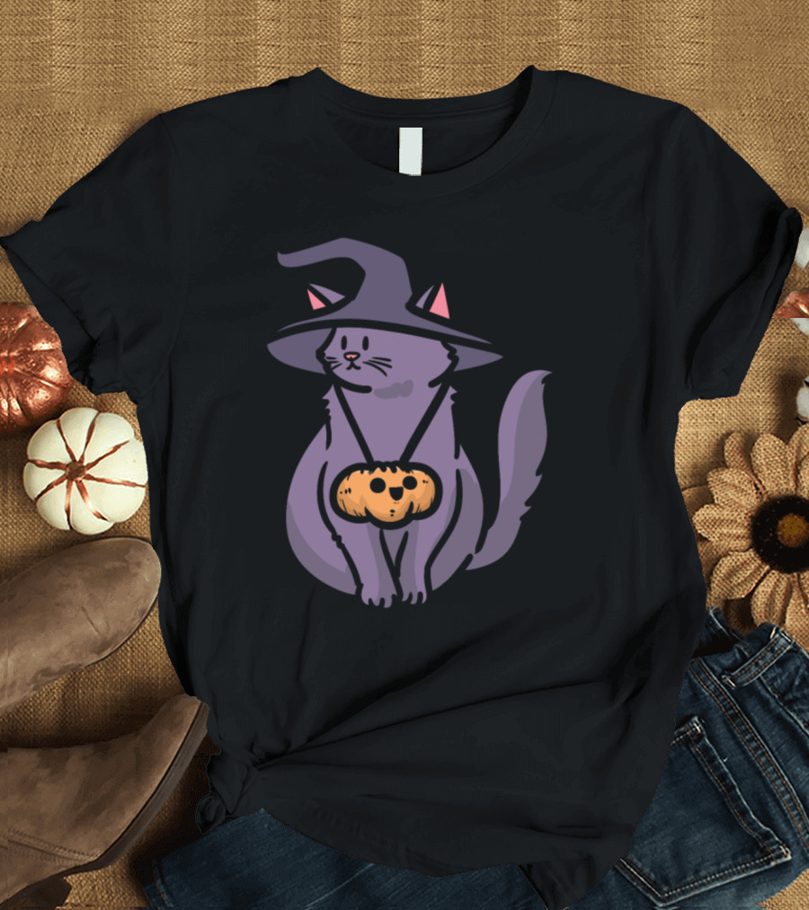 Witch Cat Holding Pumpkin Illustrative Halloween Image T-Shirt