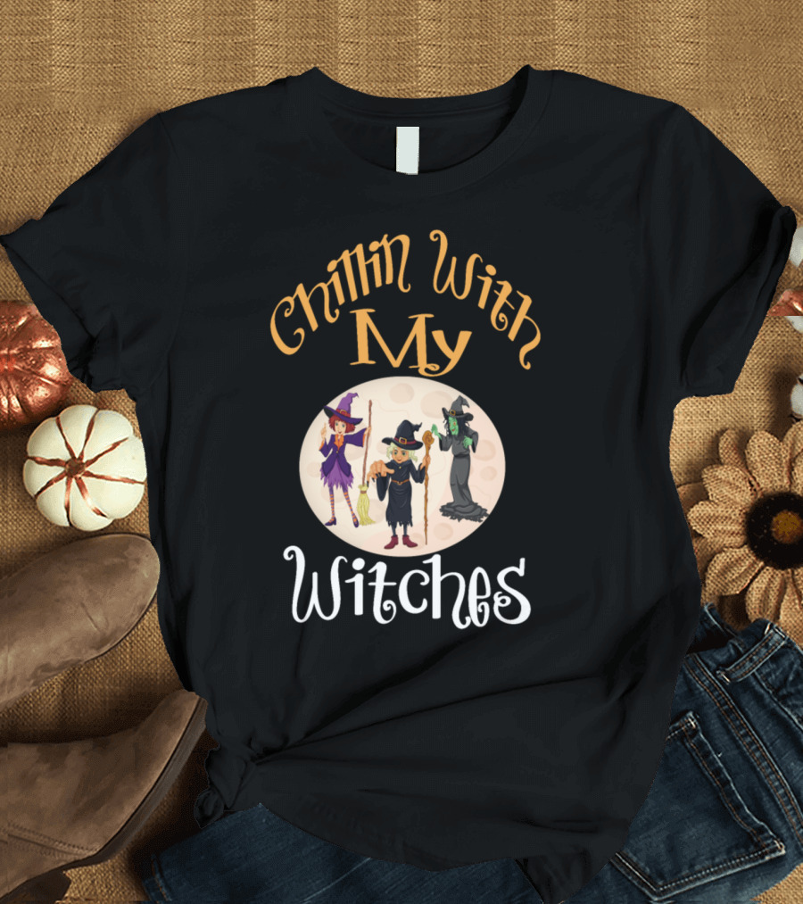 Chillin With My Witches Trio Halloween Moon Scene T-Shirt