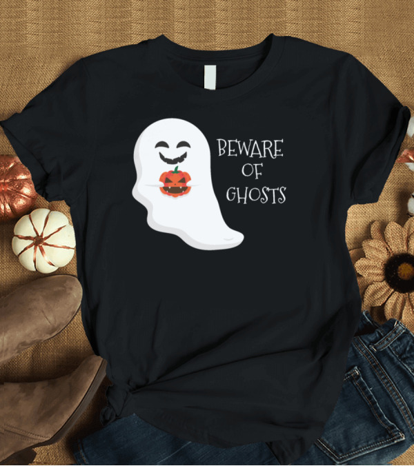 T-Shirt: Cute Ghost Holding Pumpkin Beware Of Ghosts T-Shirt Cute Ghost Holding Pumpkin Beware Of Ghosts T-Shirt