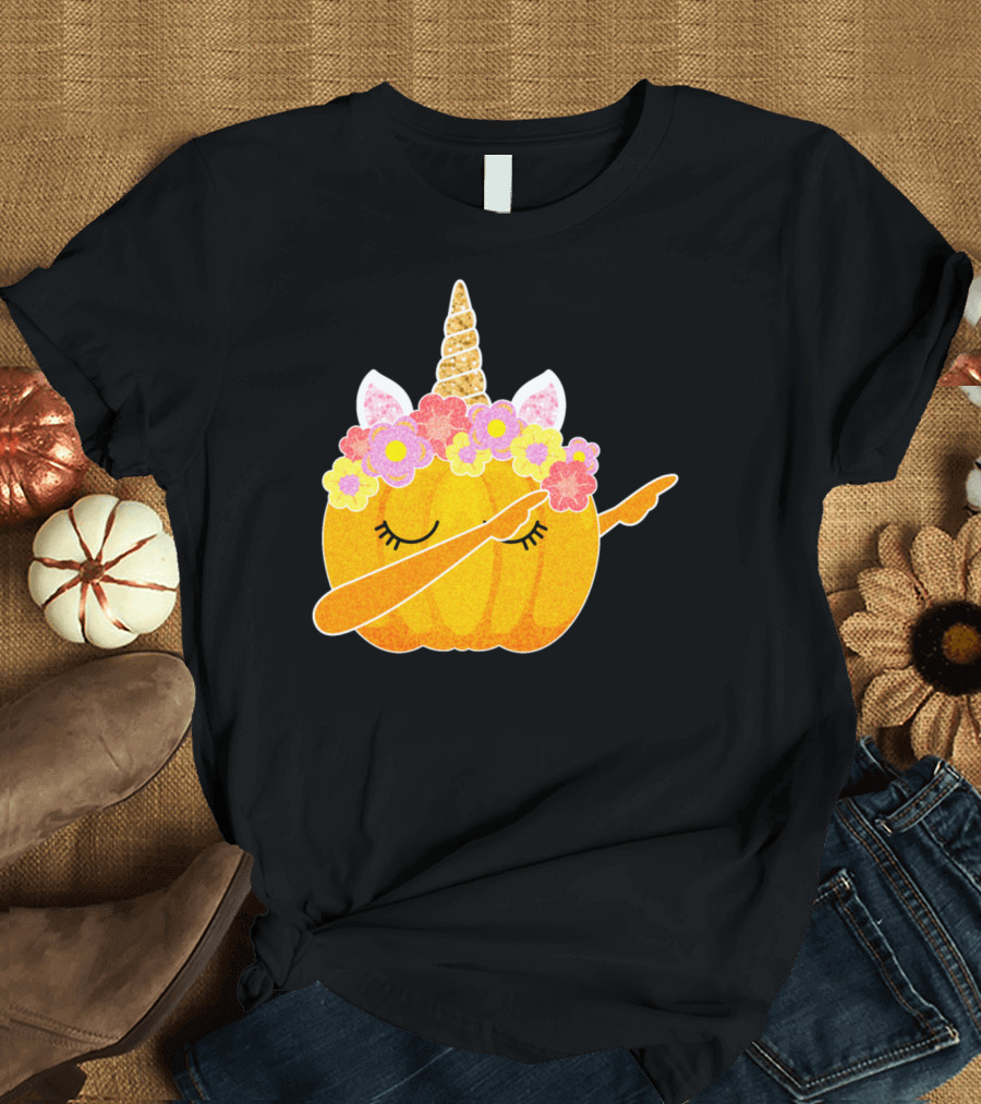 Cute Halloween Dabbing Pumpkin Unicorn with Floral Crown T-Shirt