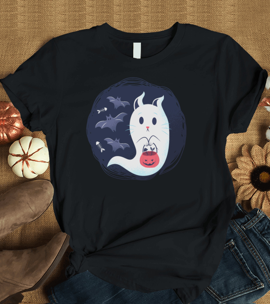 Cute Halloween Ghost Cat with Pumpkin and Bats T-Shirt