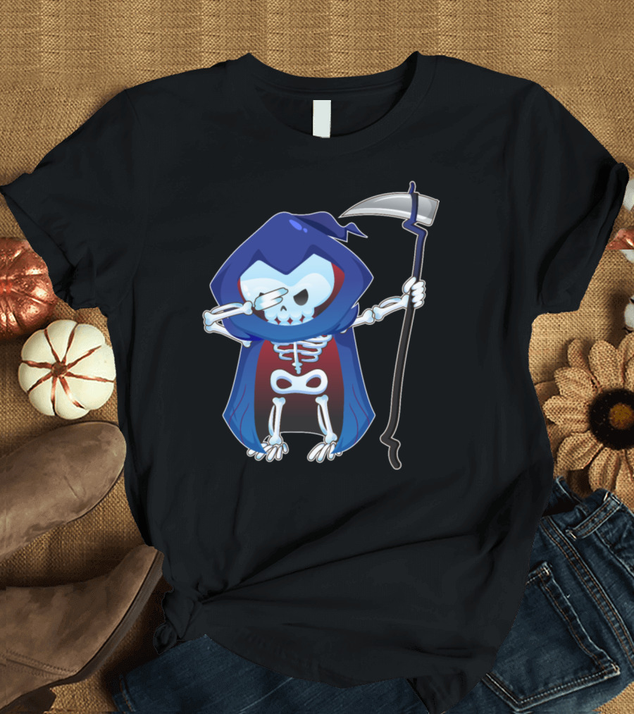 Dabbing Grim Reaper Skeleton with Scythe in Blue Hooded Cloak T-Shirt