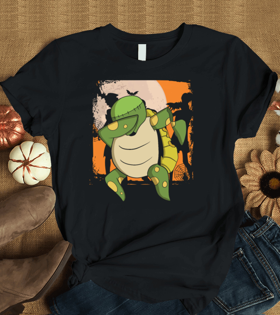 Dabbing Halloween Turtle with Bat and Web Background T-Shirt