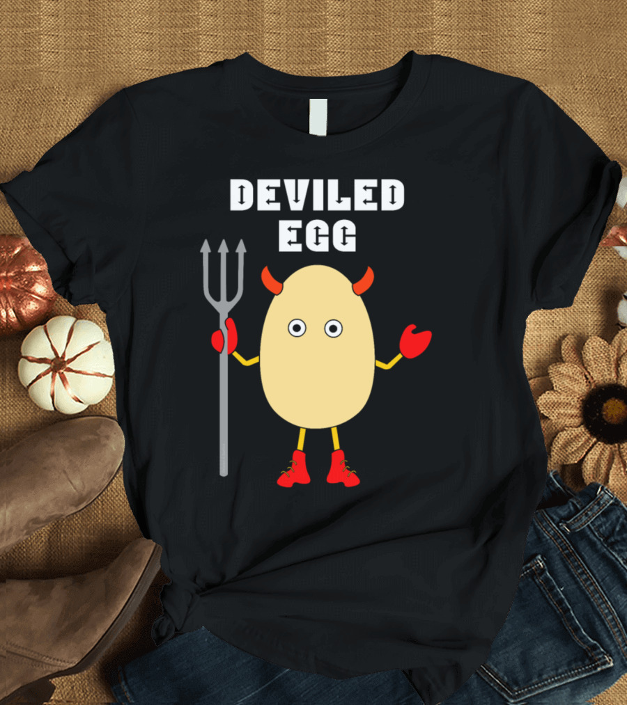 Deviled Egg Red Horns Pitchfork Booted Gloves T-Shirt