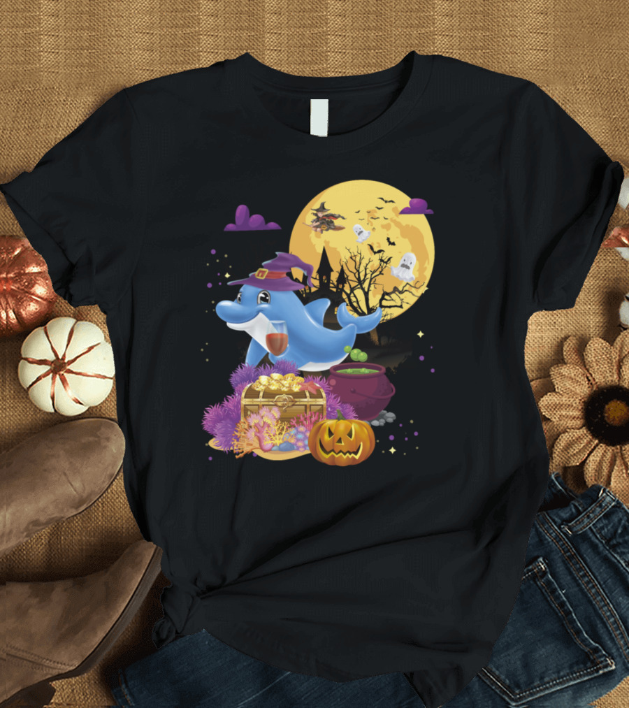 Dolphin with Witch Hat Broomstick and Pumpkin Halloween Scene T-Shirt