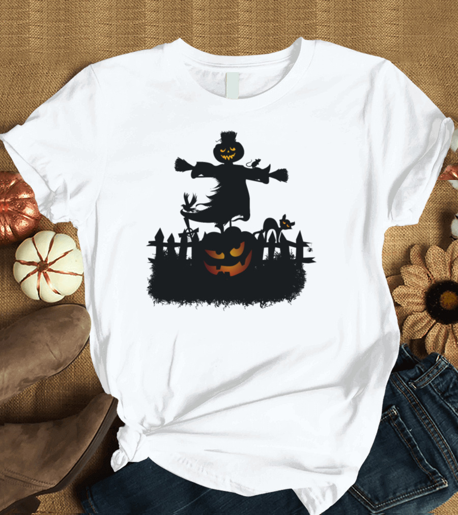 Halloween Pumpkin Scarecrow with Cat and Crows T-Shirt