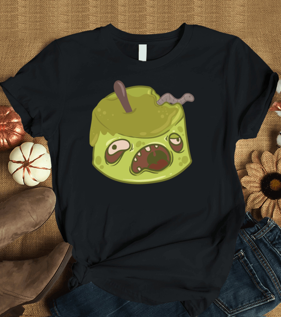 Funny Halloween Zombie Wormy Green Apple T-Shirt