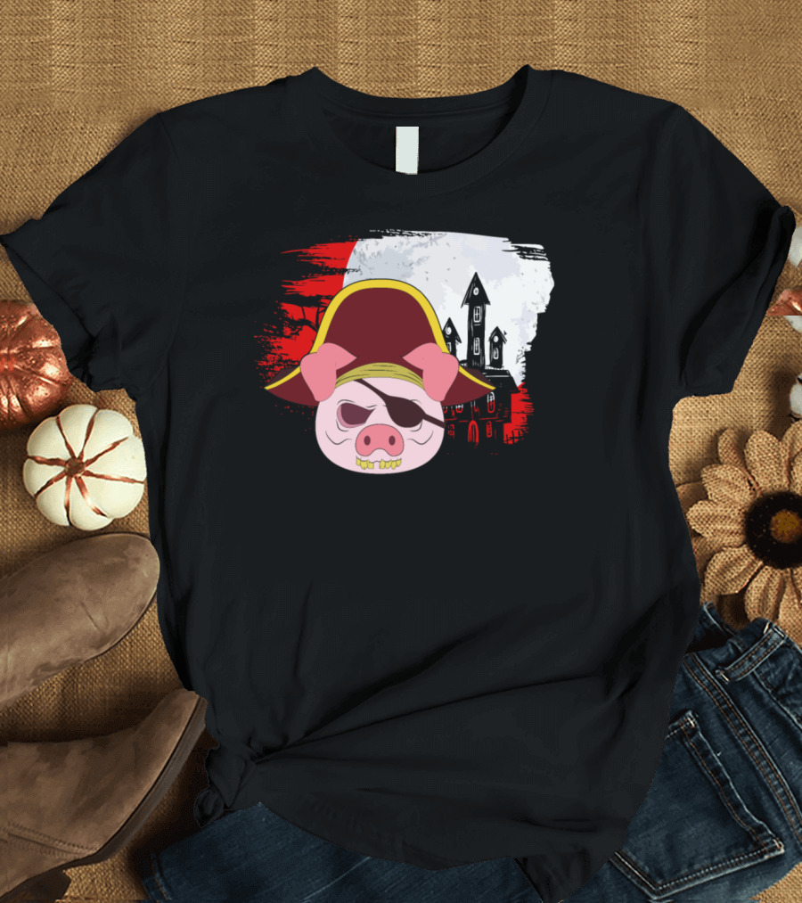 Halloween Scary Pirate Pig with Haunted House Background T-Shirt
