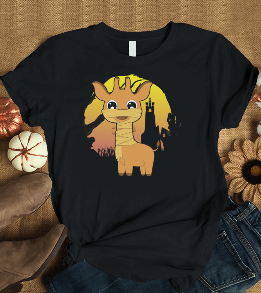 Halloween Animals Cute Mummy Giraffe Sunset Haunted House T-Shirt