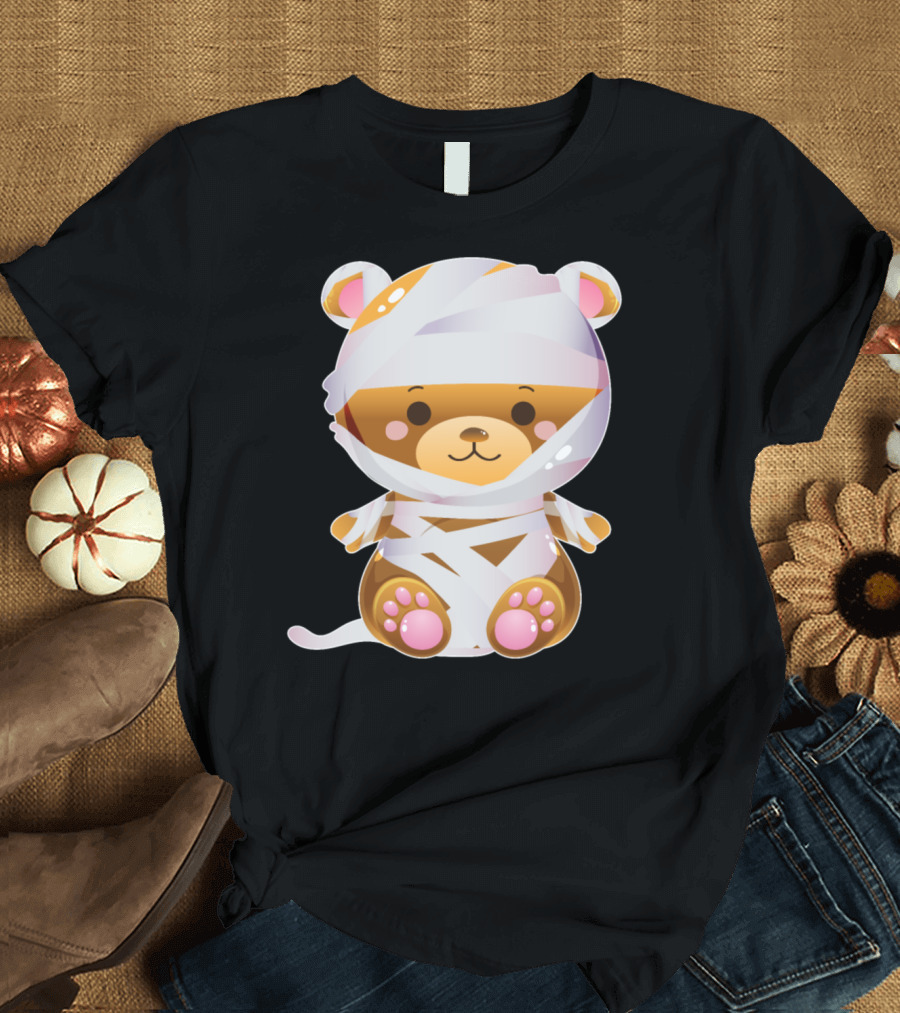Mummy Bear Wrapped in Bandages with Cute Brown Teddy Face and Pink Paws T-Shirt