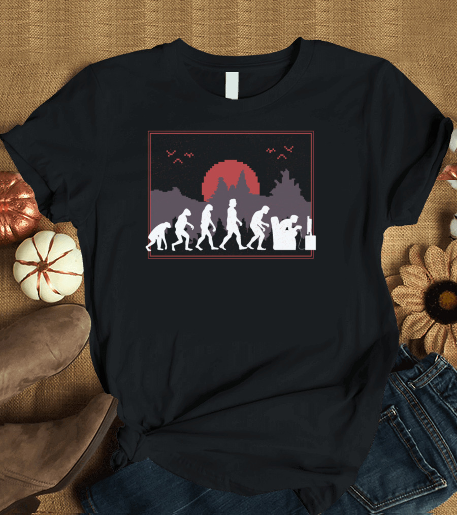 The Gaming Evolution Pixelated Dawn with Gamer Silhouette and Evolution Stages T-Shirt