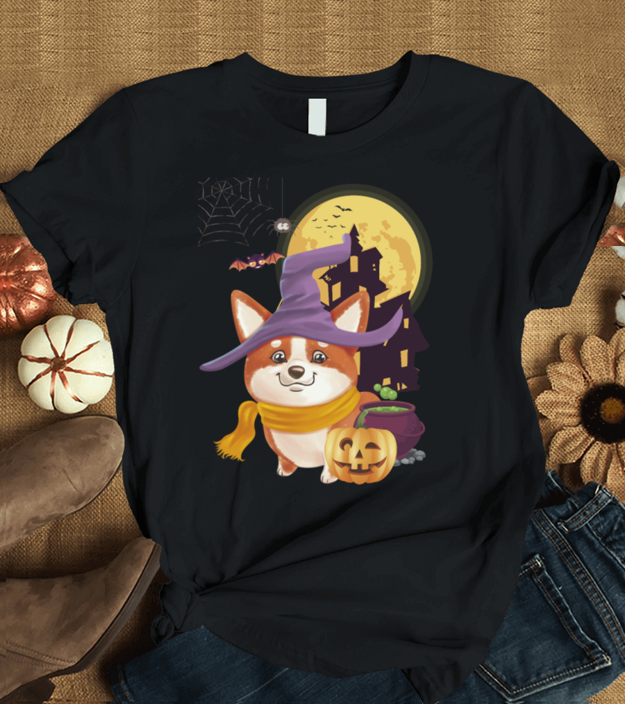 Welch Corgi Witch Halloween Pumpkin Haunted House Moon Bat T-Shirt