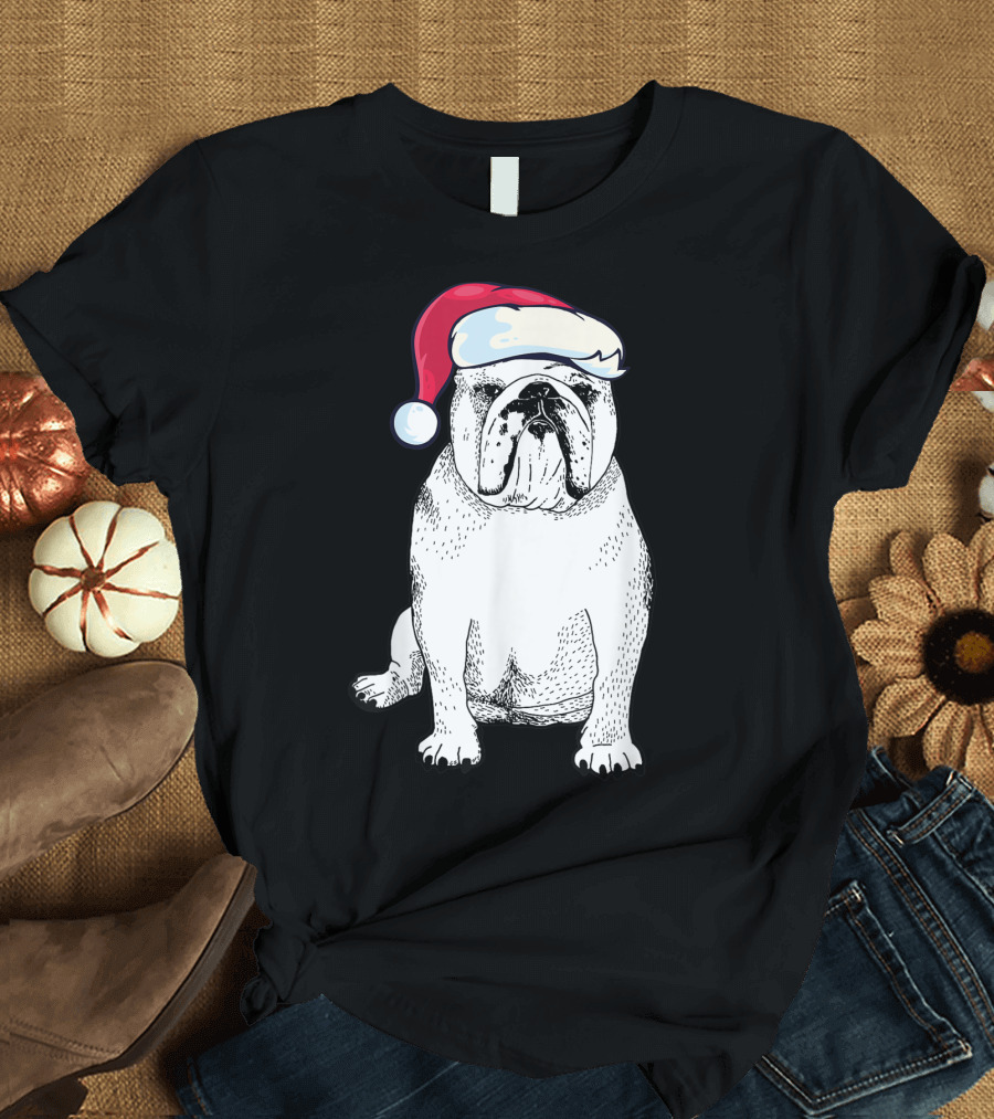 English Bulldog with Santa Hat Christmas Dog T-Shirt
