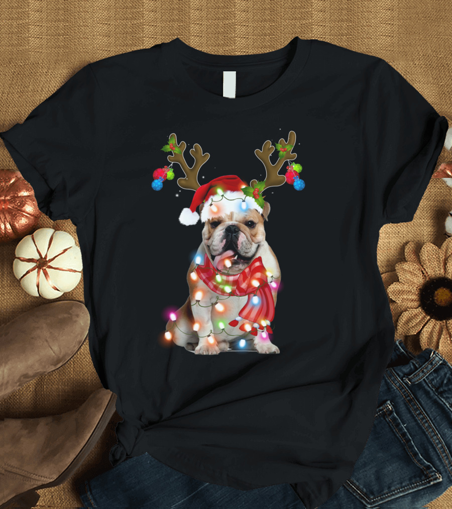 English Bulldog Santa Hat Reindeer Antlers Christmas Lights Scarf T-Shirt