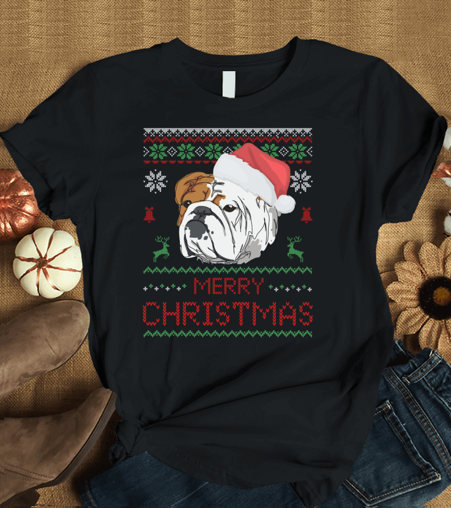 English Bulldog Merry Christmas Santa Hat Snowflakes Reindeer Ugly T-Shirt